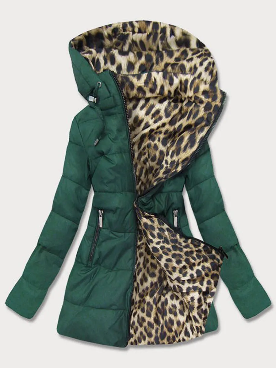 Casual Loose Long Sleeve Warm Leopard Print Hooded Jacket