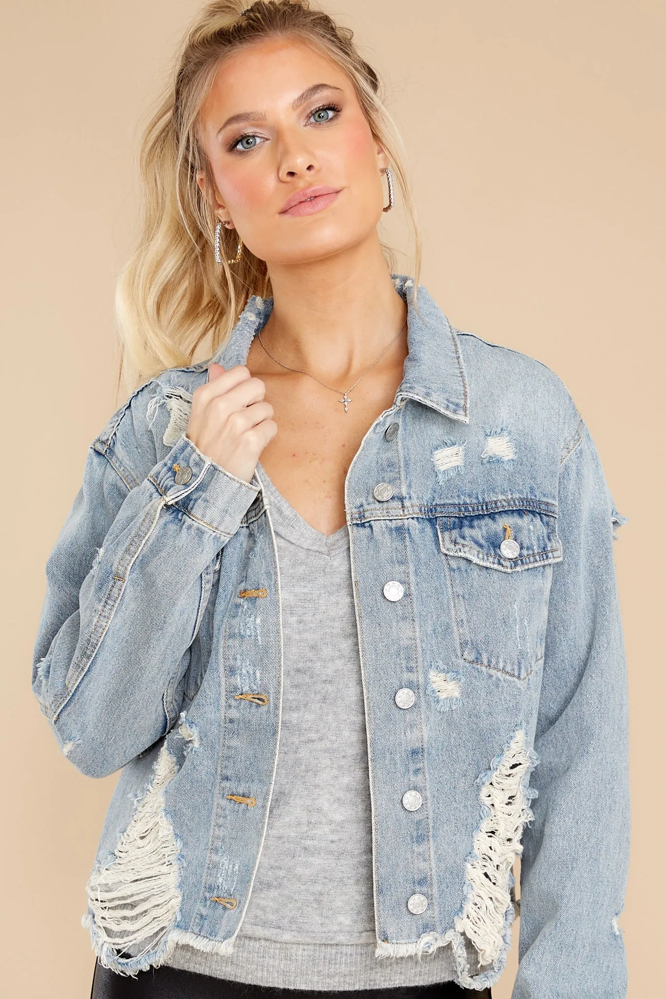 Daring In This Medium Wash Distressed Denim Jacket