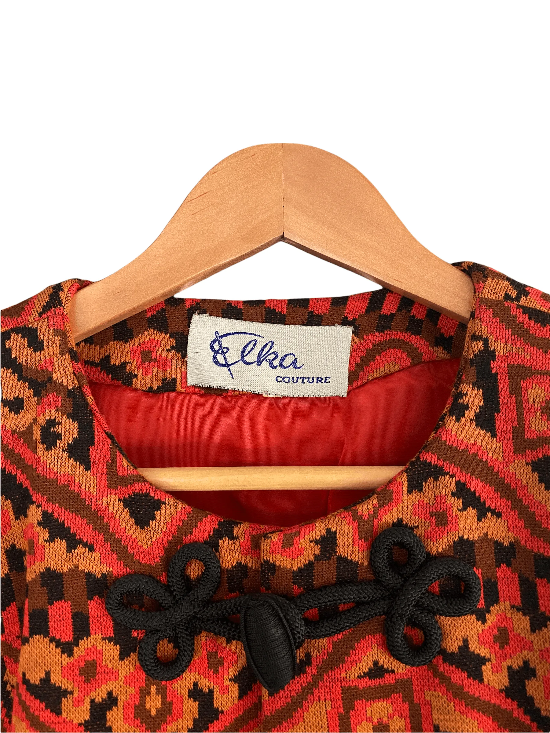 Elka Couture Vintage Coat Autumn Tones Pattern with Black Pankou Knots UK Size 14