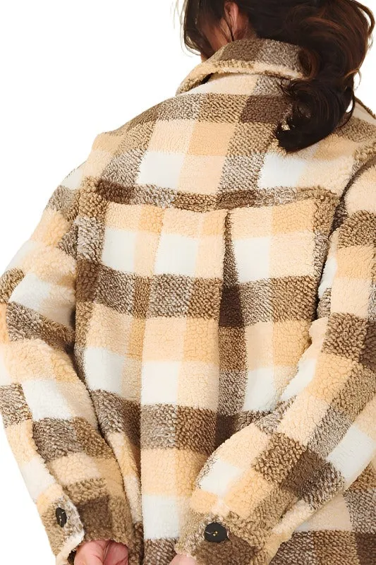 Plaid sherpa jacket with pockets